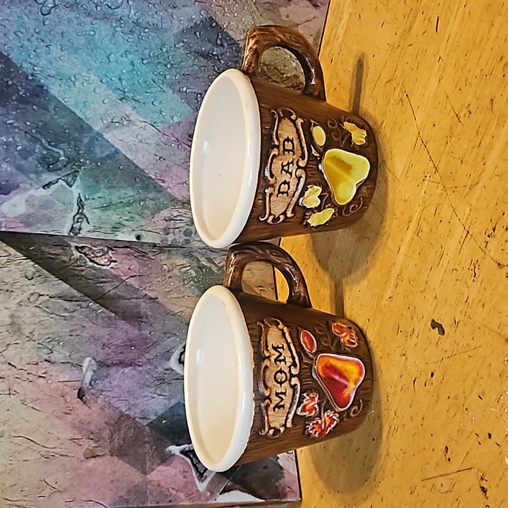 Vintage Treasure Craft Mom Dad Coffee Mug Set Ceramic Faux Wood Pear USA Pottery